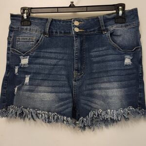 Trendy Blue Frayed Hem Jean Shorts